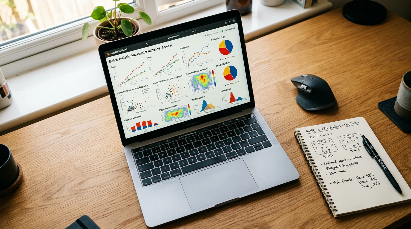 Notebook s grafy a datovou analýzou sportovních zápasů