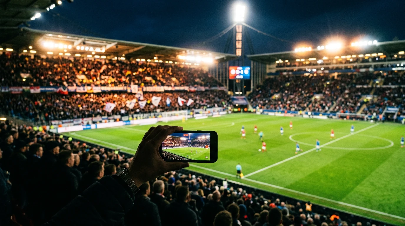 Sportovní stadion s rozsvíceným osvětlením při večerním zápase a rukou držící telefon