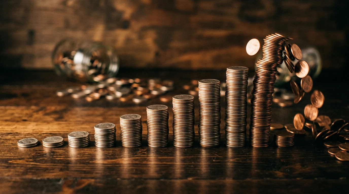 Řada mincí rostoucí exponenciálně na dřevěném stole s červeným varovným symbolem