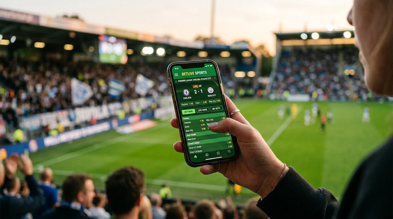 Ruka držící smartphone se sázkovou aplikací na pozadí fotbalového stadionu