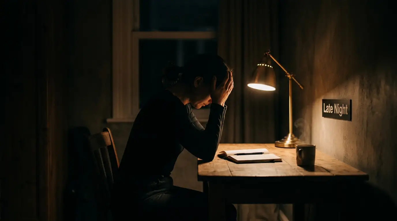 Silueta osoby sedící u stolu s hlavou v dlaních v tlumeném světle