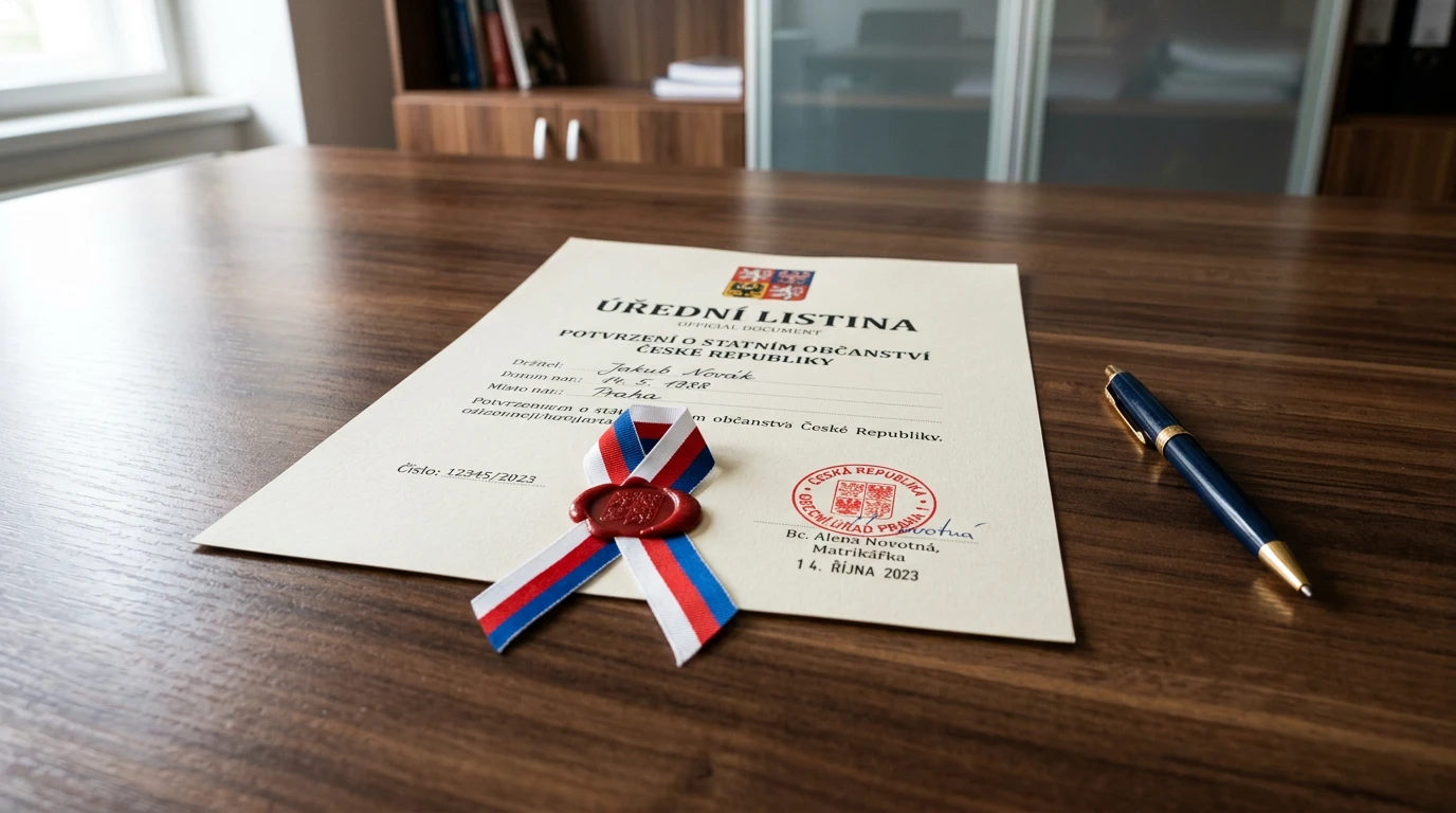 Úřední dokument s razítkem a českou vlajkou na stole