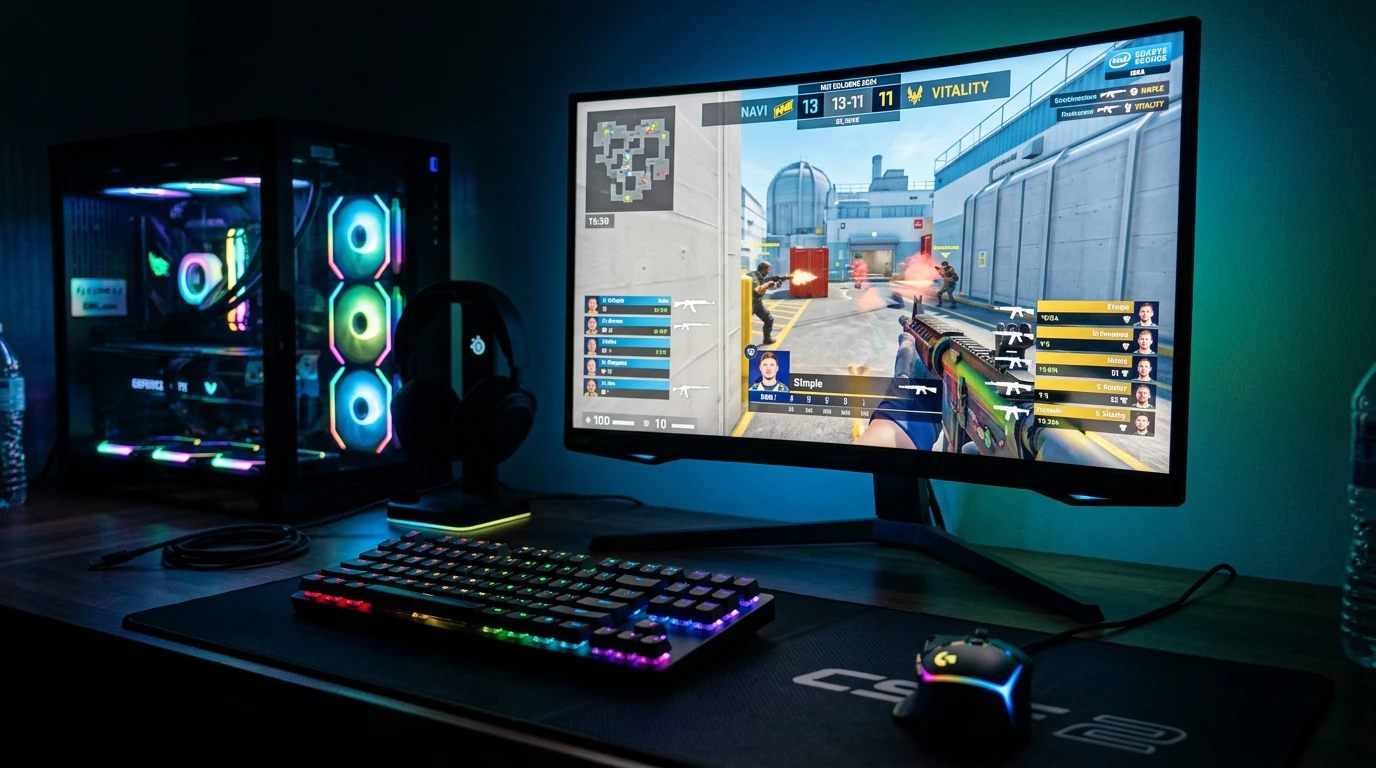 Herní setup s monitorem zobrazujícím esportový turnaj CS2