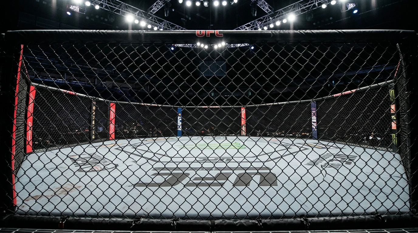 MMA oktagon s osvětlenou klecí a logem UFC na plátně