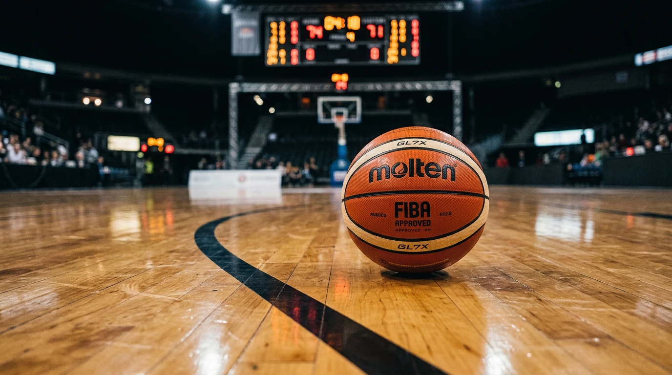 Basketbalový míč na parketu profesionální haly s rozsvíceným skóre