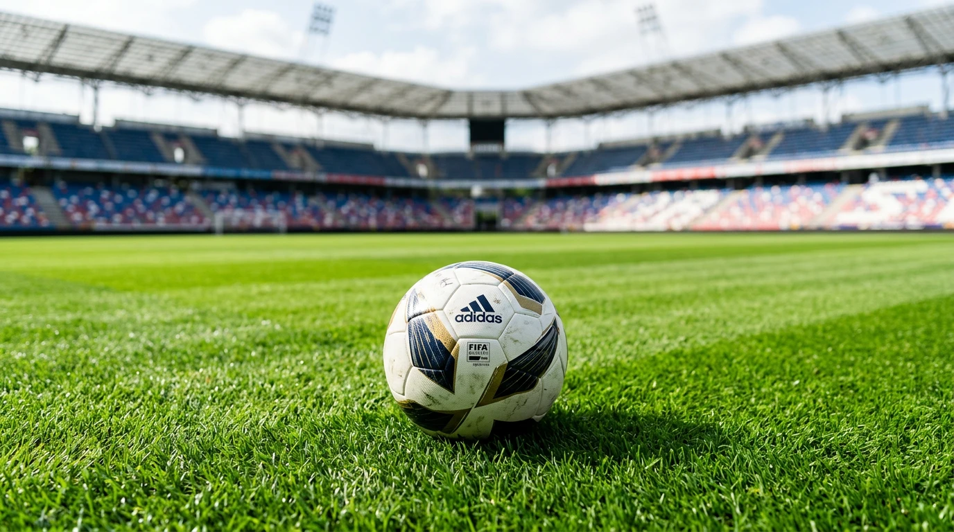 Fotbalový míč na čerstvě posekaném trávníku stadionu s prázdnými tribunami
